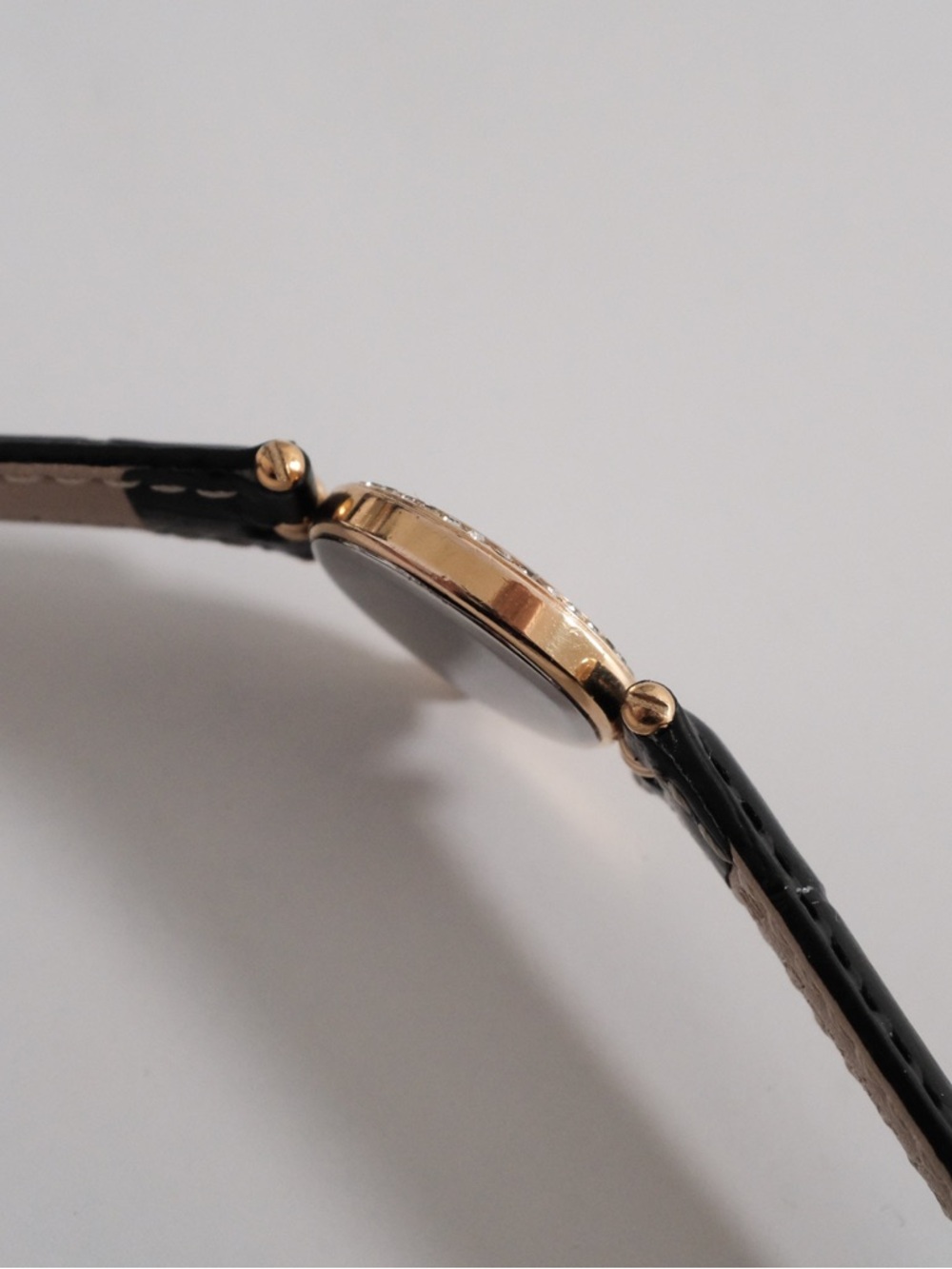 Vintage Dior Gold-Tone Crystal Bezel Watch with Black Leather Strap - Picture 7 of 10